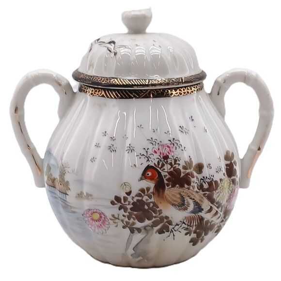 Vintage Japanese Kutani Style Porcelain Lidded Sugar Bowl Pot Hand Painted - Picture 7 of 13